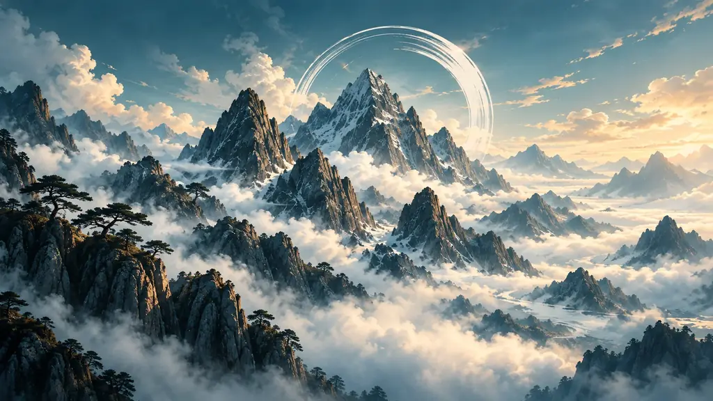 Illustration of misty mountain summits above a sea of cloud
