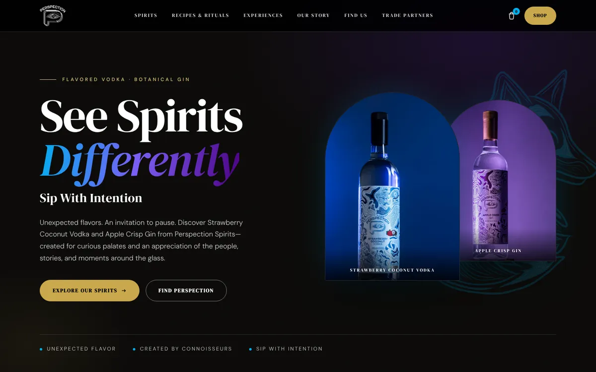 Homepage of perspectionspirits.com: two spirit bottles in arched blue and violet panels beside the headline “See Spirits Differently”.